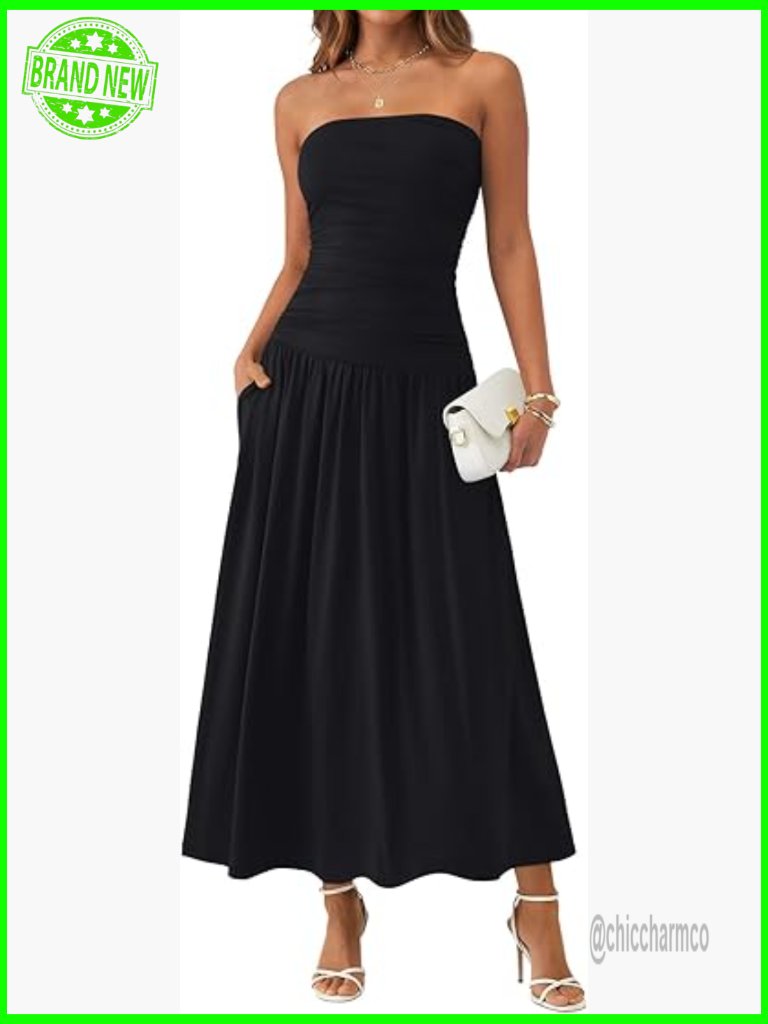 Maxi Strapless Tube Top Dress Ruched A Line Wedding Guest Long Sundress Beach